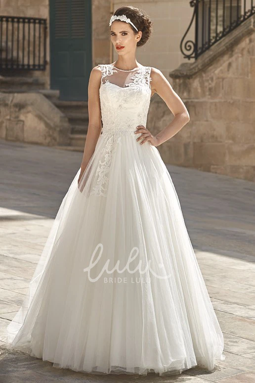 Embroidered Tulle A-Line Wedding Dress with Pleats Floor-Length and Sleeveless