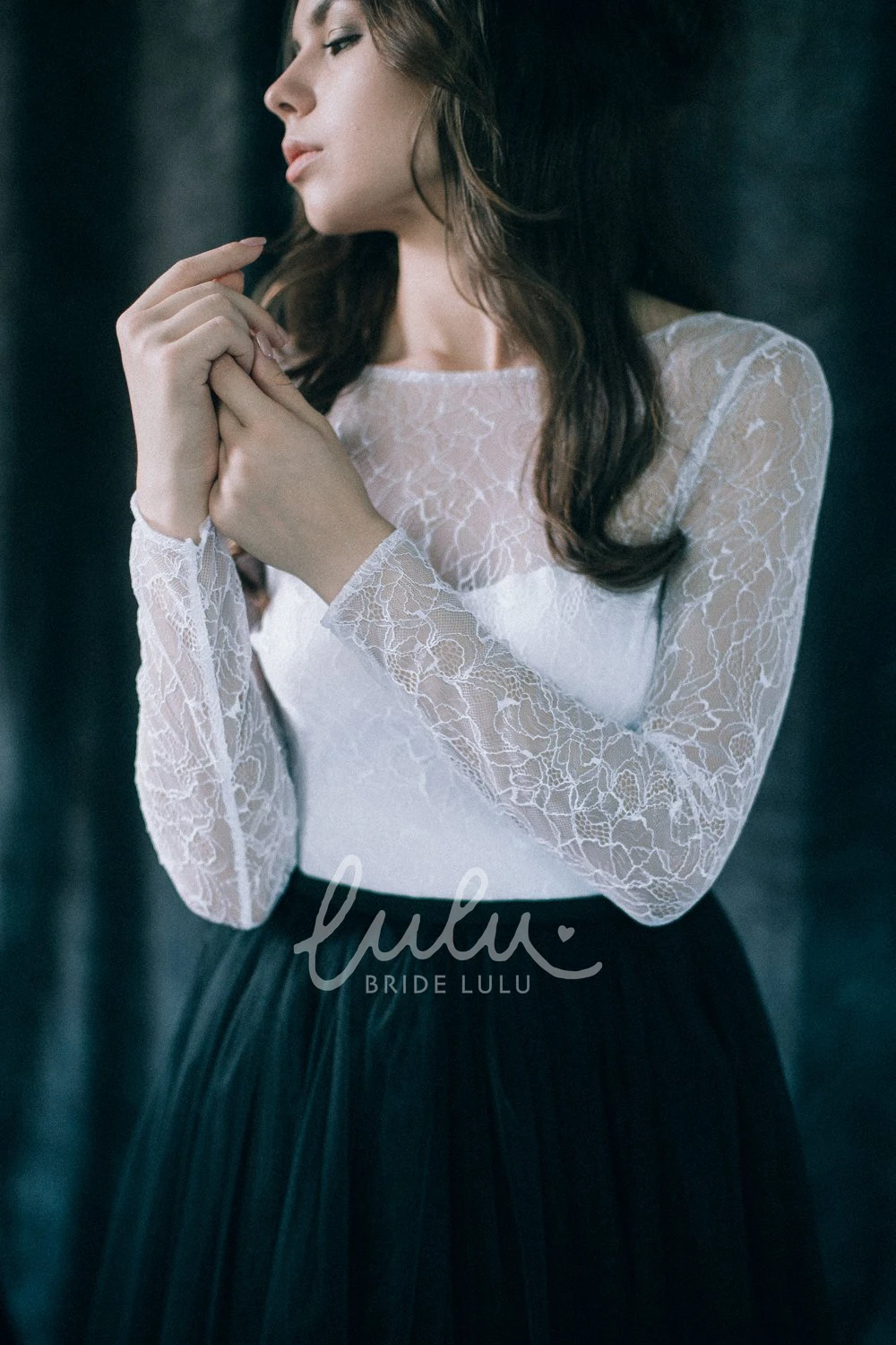 Black Pleated Lace Sheath Wedding Dress Bateau Deep-V Back Long Sleeve Floor-length