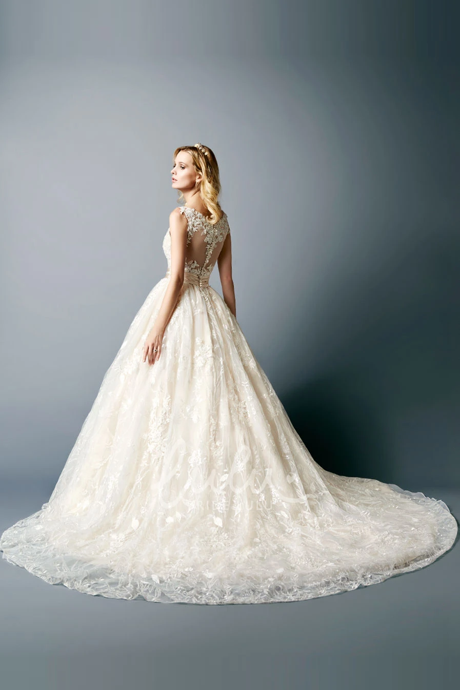 Maxi Scoop Neckline Lace Wedding Dress with Illusion and Chapel Train