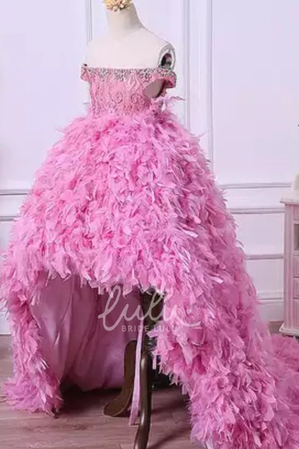 Off-the-shoulder Beading High-Low Flower Girl Dress with Lace-up Back