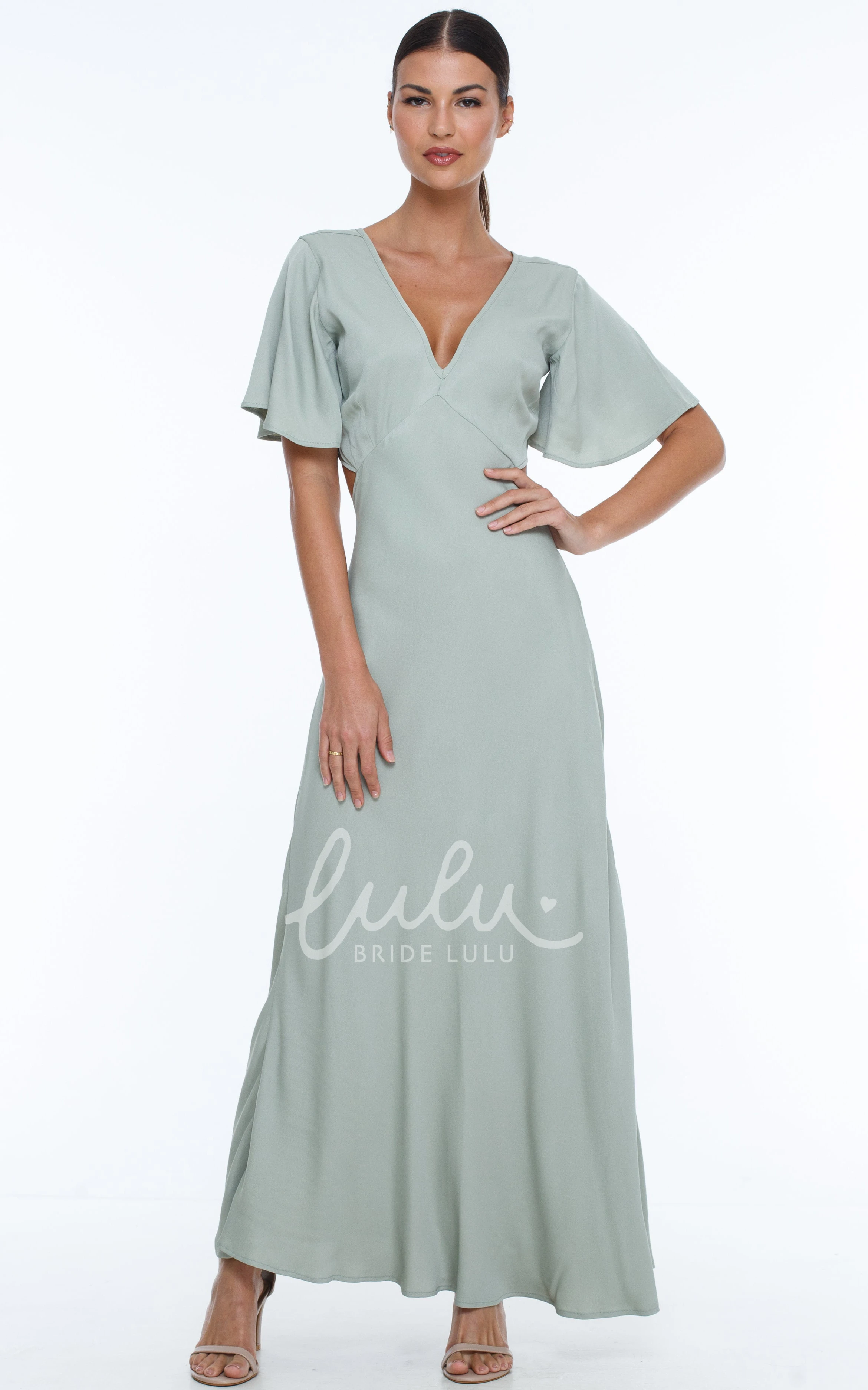 Elegant Chiffon V-neck Bridesmaid Dress with Open Back and Bow Casual Bridesmaid Dress
