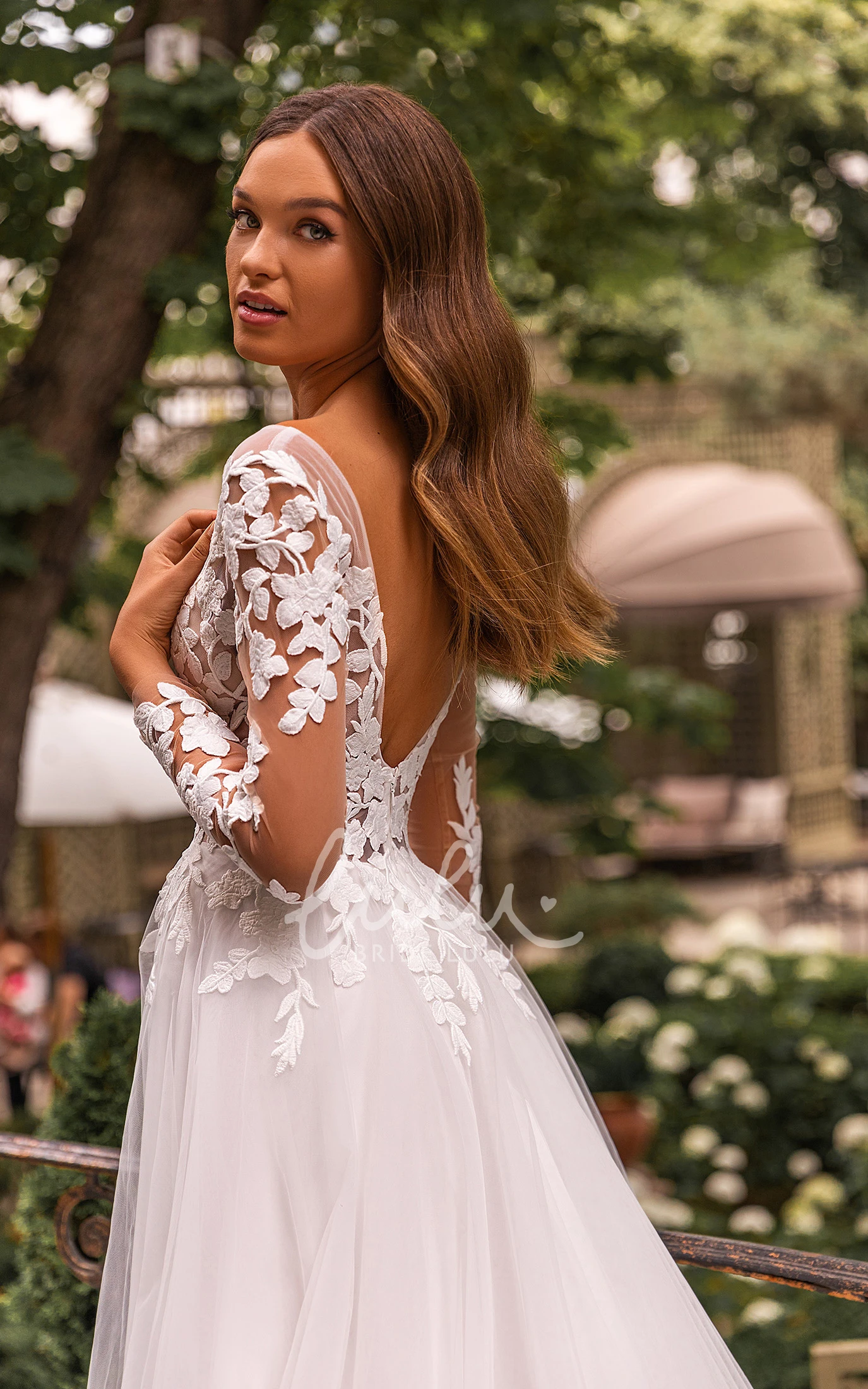 A-Line V-Neck Lace Tulle Wedding Dress with Long Sleeves and Appliques