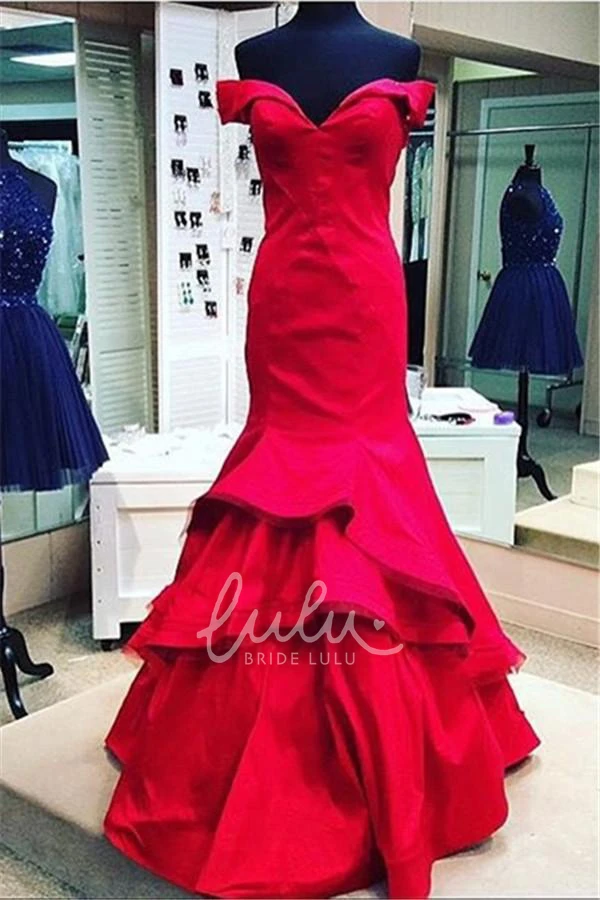 Red Off-Shoulder Mermaid Prom Dress with Ruffles and Sexy Look