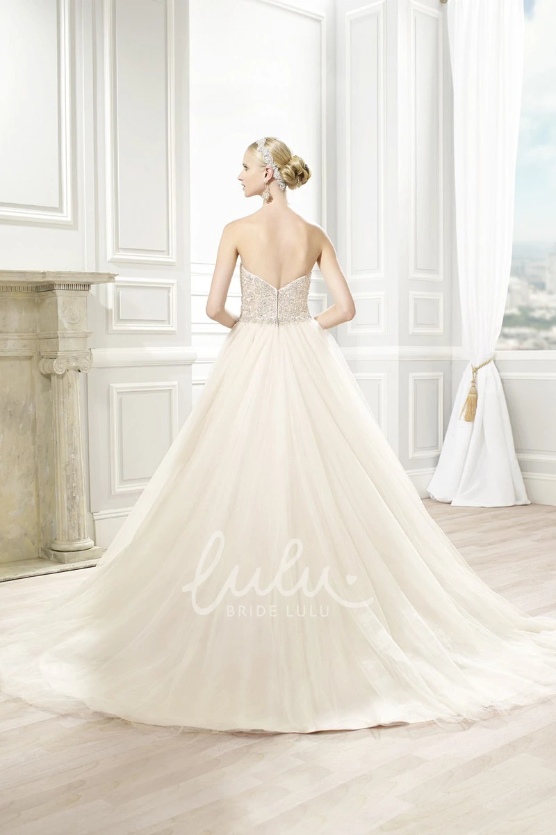 Ball Gown Tulle Wedding Dress with Beading and V Back Pleated Sweetheart Neckline Maxi Length