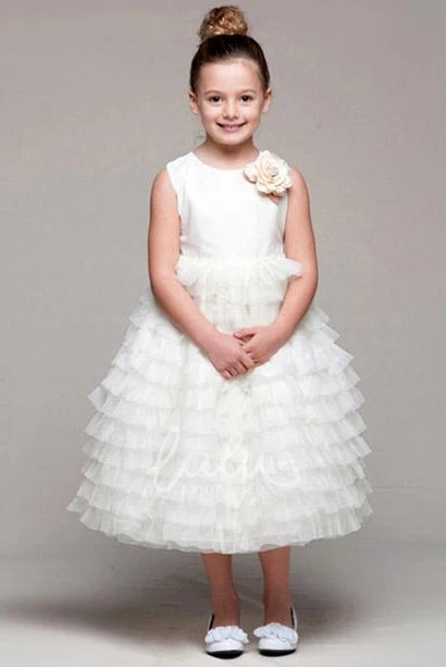 Satin and Tulle Tiered Tea-Length Flower Girl Dress