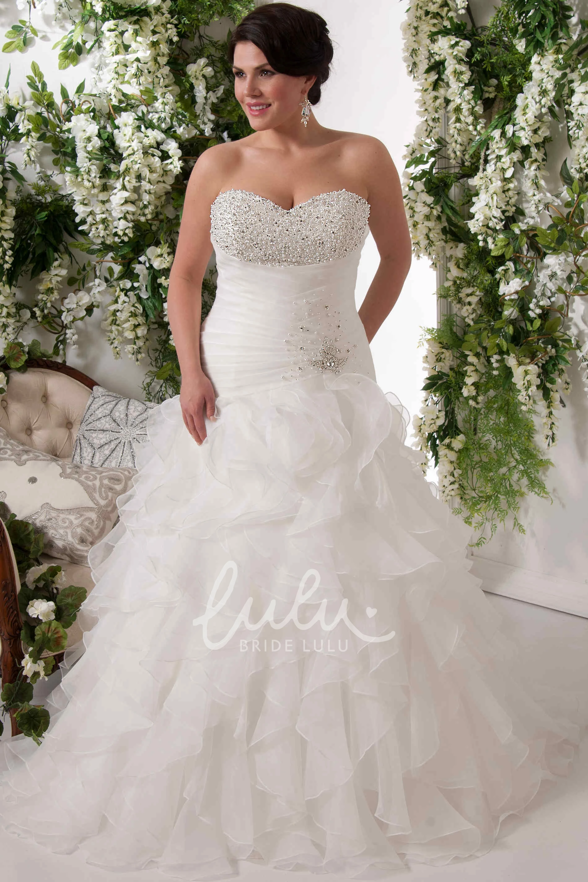 Cascading-Ruffle Organza Plus Size Wedding Dress with Beading Ball Gown Maxi