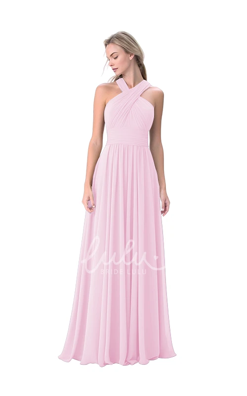 A-Line Chiffon Halter Neck Bridesmaid Dress with Ruching Classy Wedding Dress