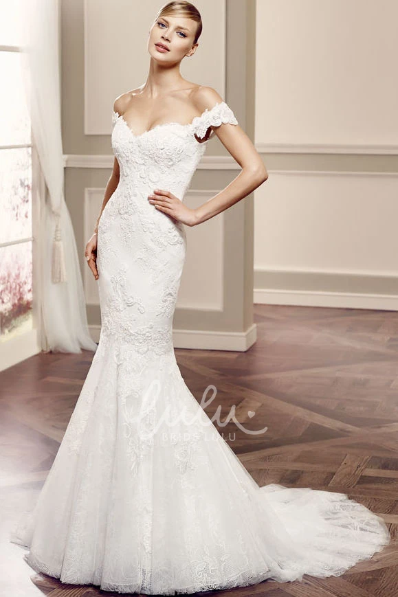 Off-The-Shoulder Lace Wedding Dress with Court Train and V Back Modern Bridal Gown