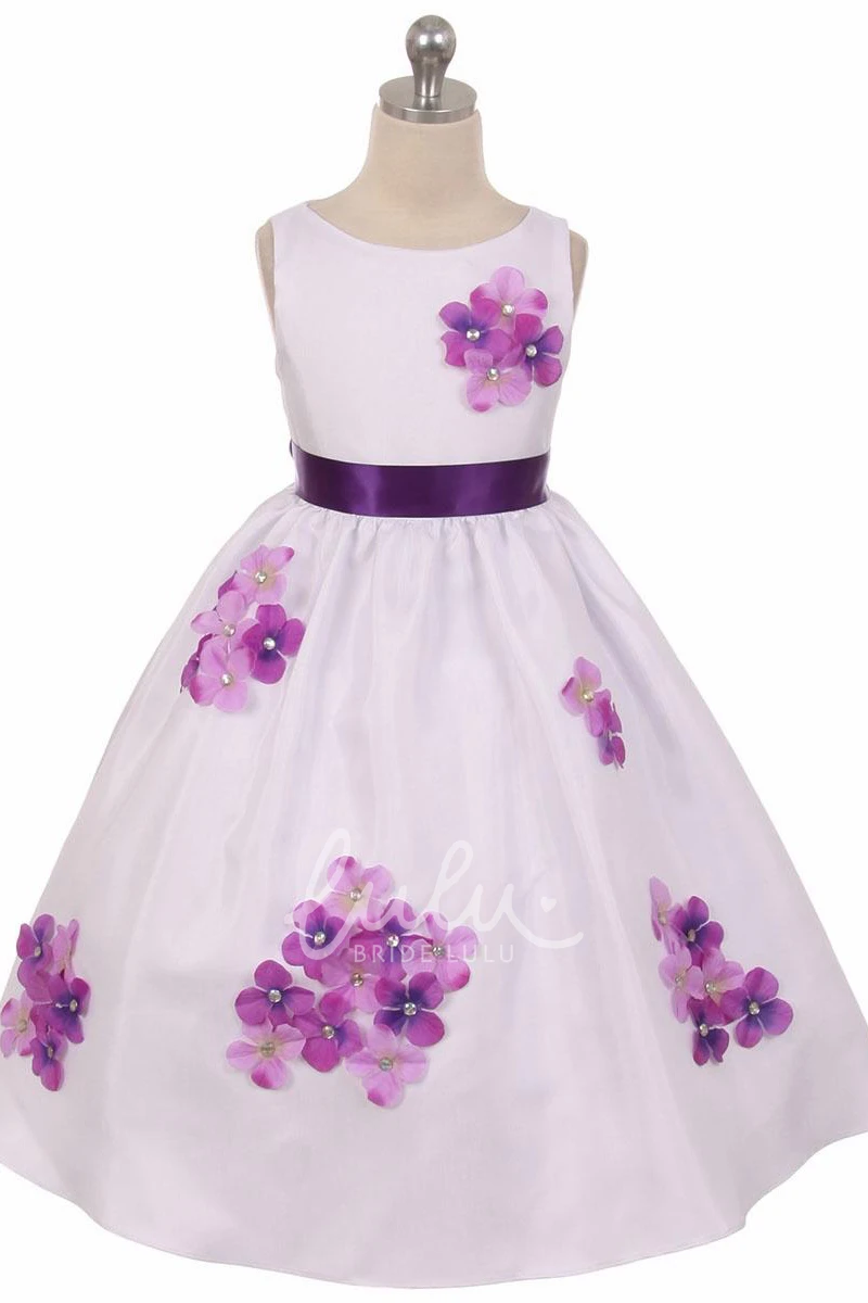 Beaded Floral Flower Girl Dress with Sash Tea-Length