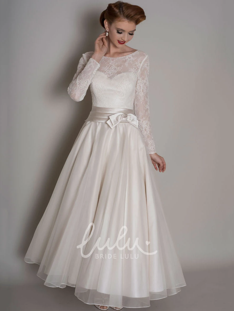 Satin&Tulle Floor-Length A-Line Wedding Dress with Bow Lace Long-Sleeve Bridal Gown