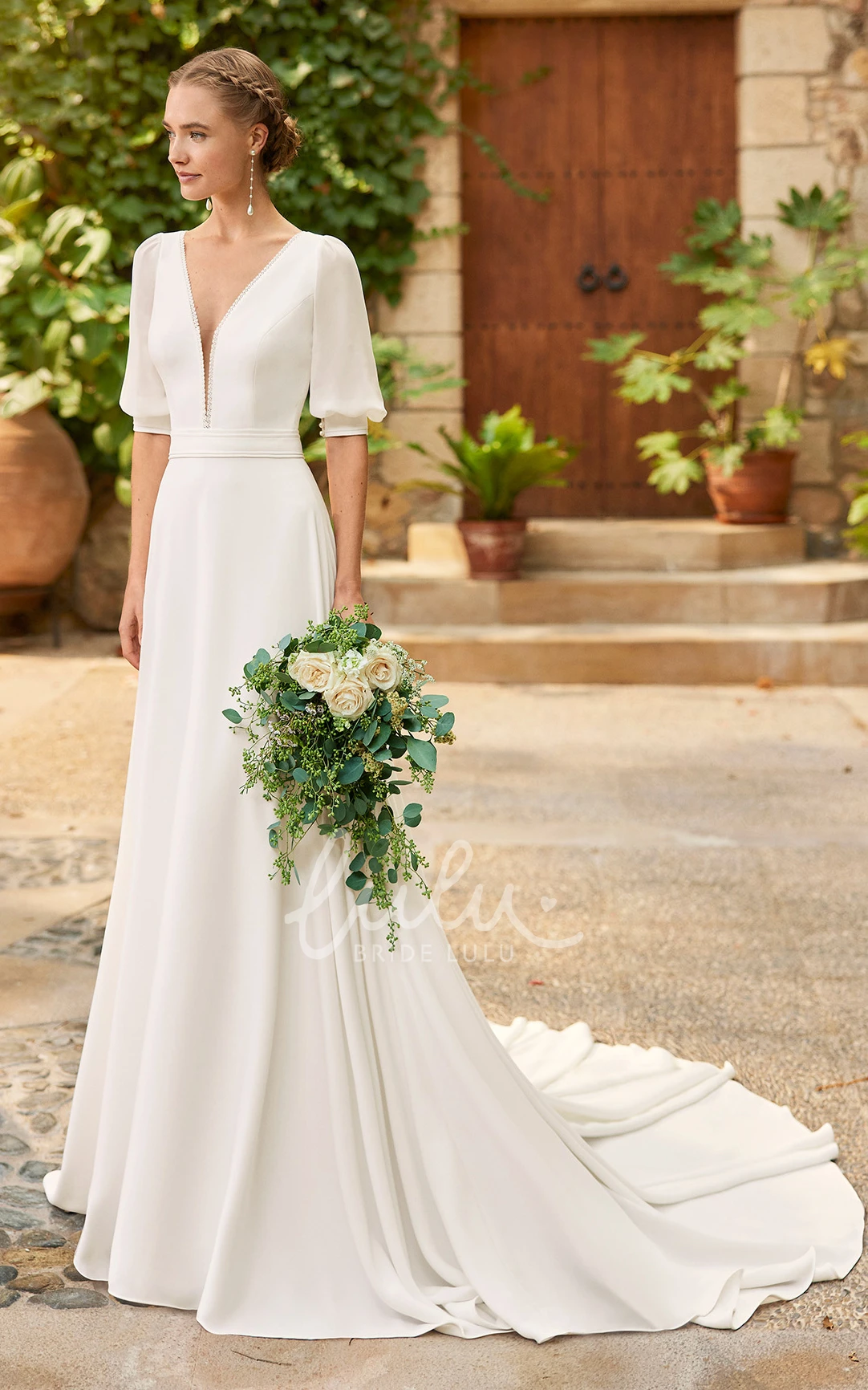 Simple Chiffon Wedding Dress with Half Sleeve A-Line V-Neck