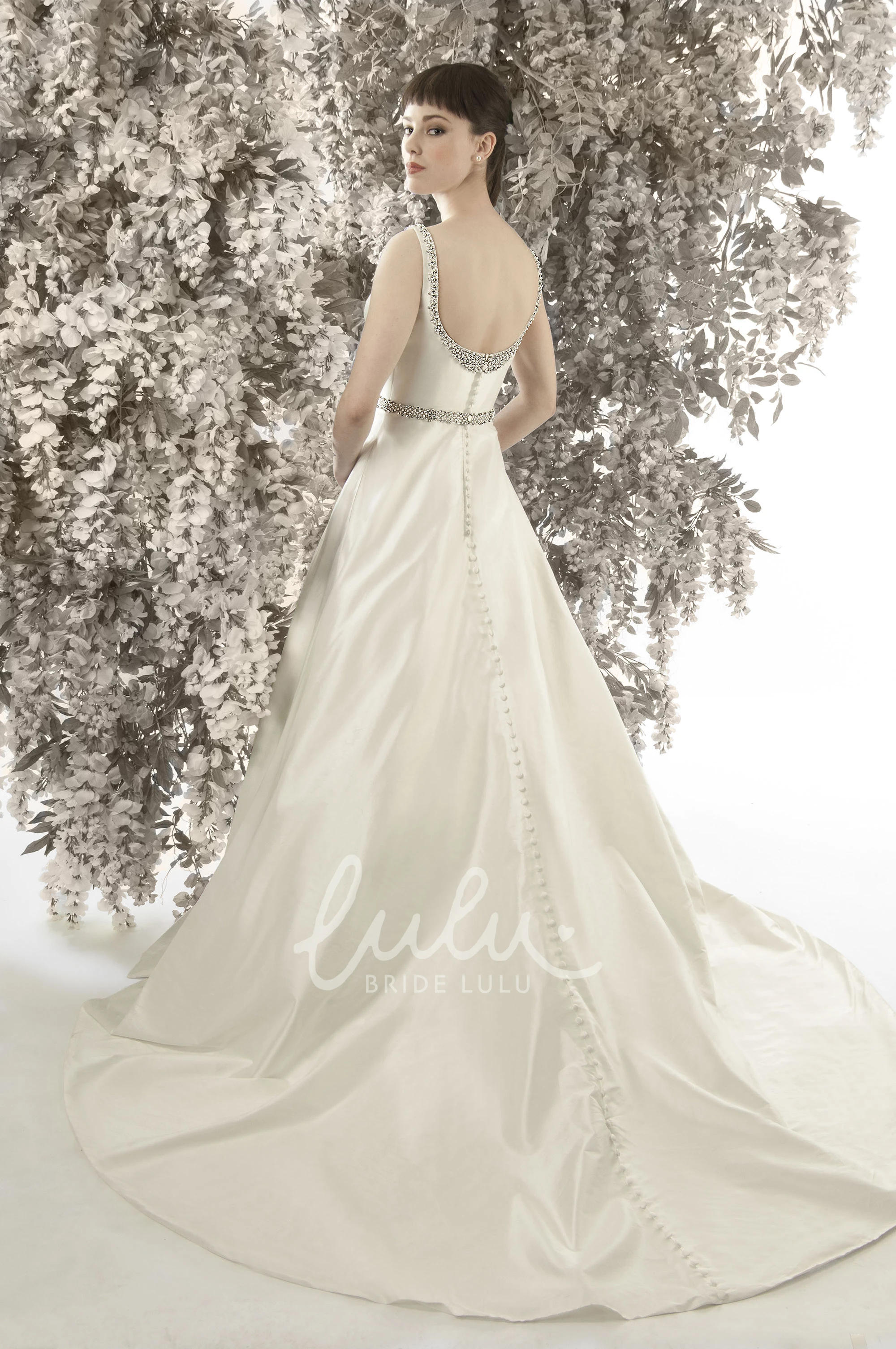 Satin Jeweled Scoop Neck Wedding Dress with Court Train