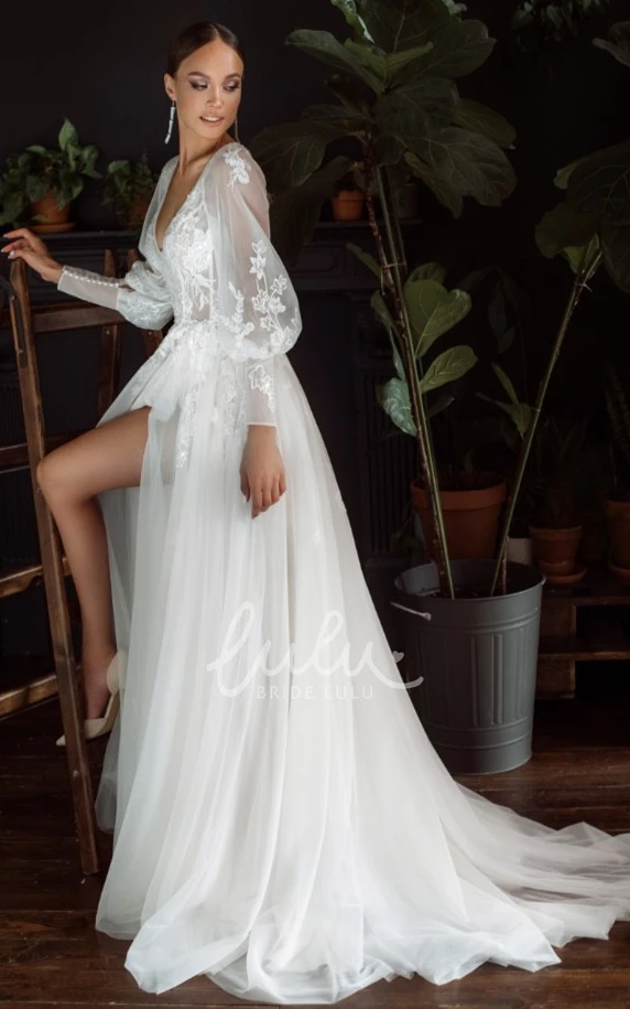 Ethereal Tulle V-neck Wedding Dress with Appliques and Split Front A-Line Wedding Dress