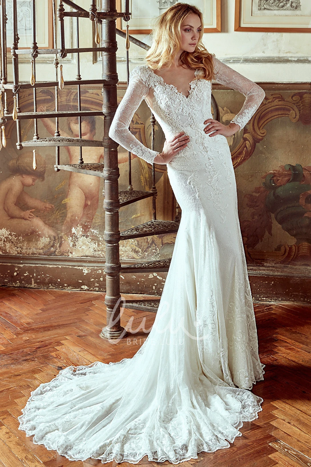 Lace Long-Sleeve Wedding Dress with Low-V Neck and Illusive Back Elegant Wedding Dress 2025