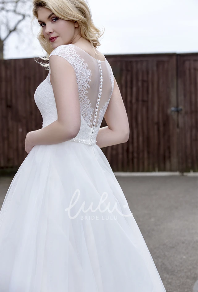 A-line Tulle Ball Gown with Illusion Lace V-neck and Back for Brides