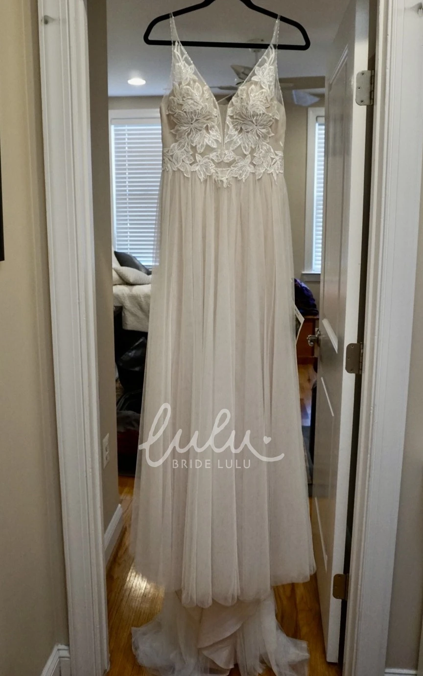 Simple Classic Tulle Applique Bridal Dress Garden A-Line Backless Spaghetti Wedding Gown