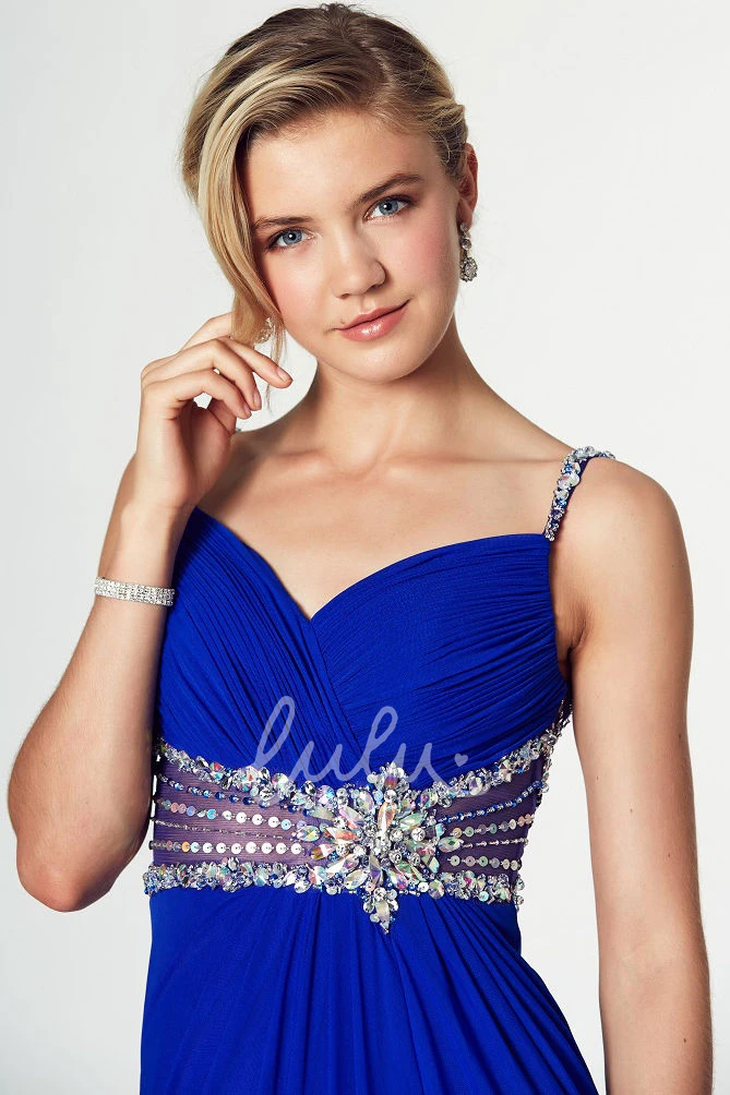 A-Line Floor-Length Chiffon Prom Dress with Jeweled Spaghetti Straps Flowy Prom Dress with Low-V Back