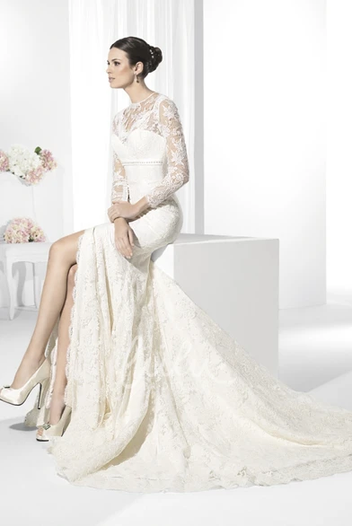 Long High Neck Lace Wedding Dress Trumpet Illusion 2025