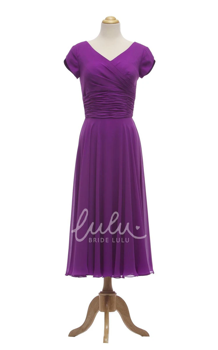 Tea-length Petal Sleeve V-neck Dress with Ruched Waist for Formals