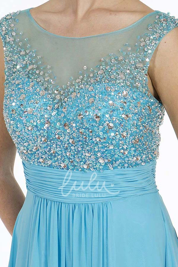 Beaded A-Line Chiffon Prom Dress with Pleats Sleeveless Long Scoop-Neck