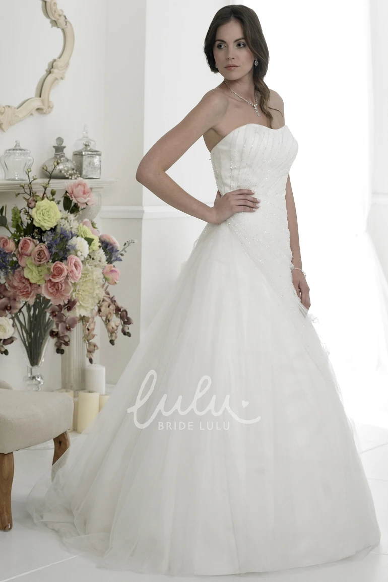 Strapless Tulle Wedding Dress with Beading A-Line Style Court Train