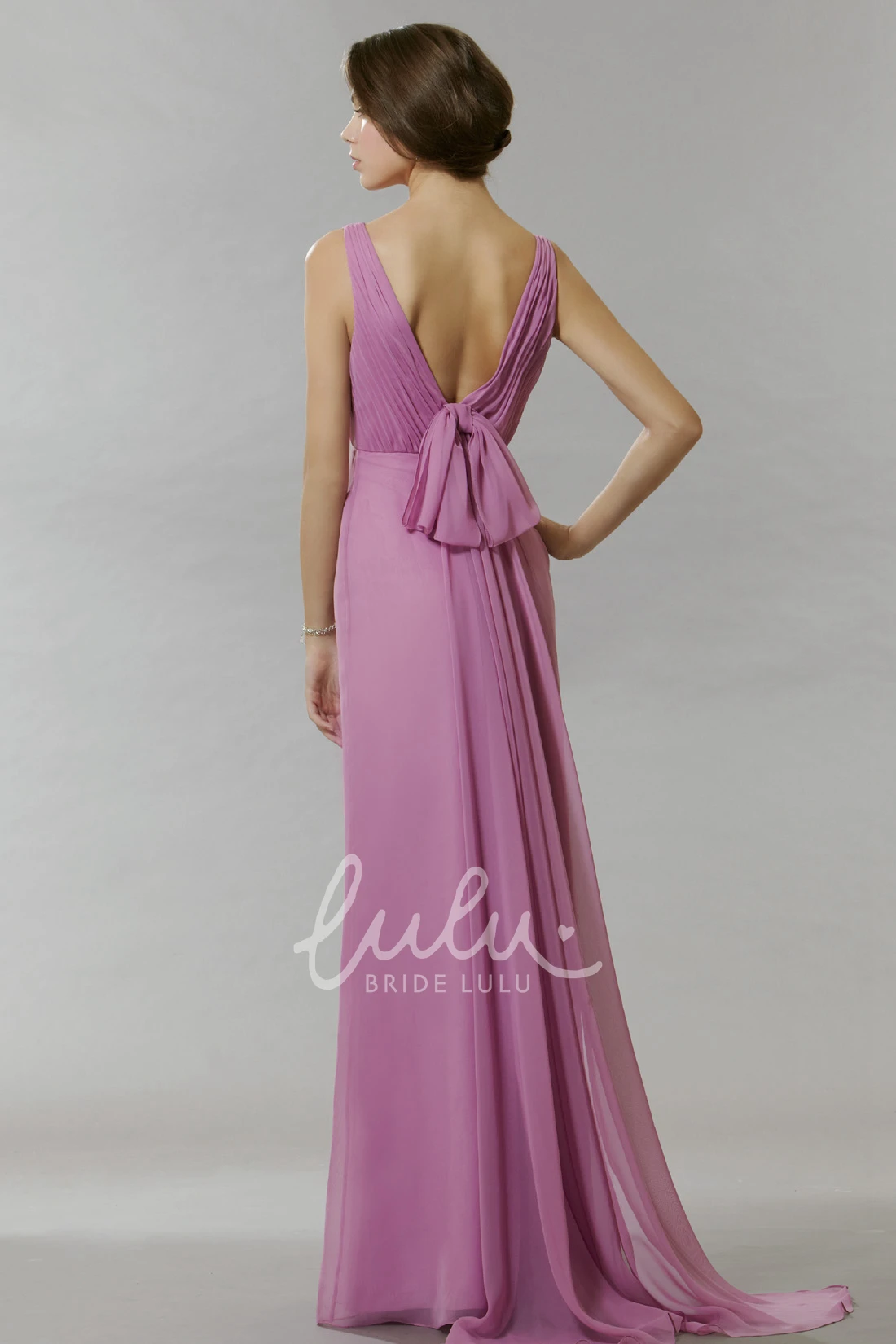 Sleeveless Chiffon Bridesmaid Dress V-Neck Ruched Bow Knee-Length