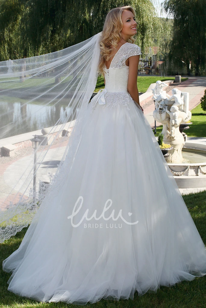 V-Neck Appliqued Tulle Wedding Dress Classy Ball Gown
