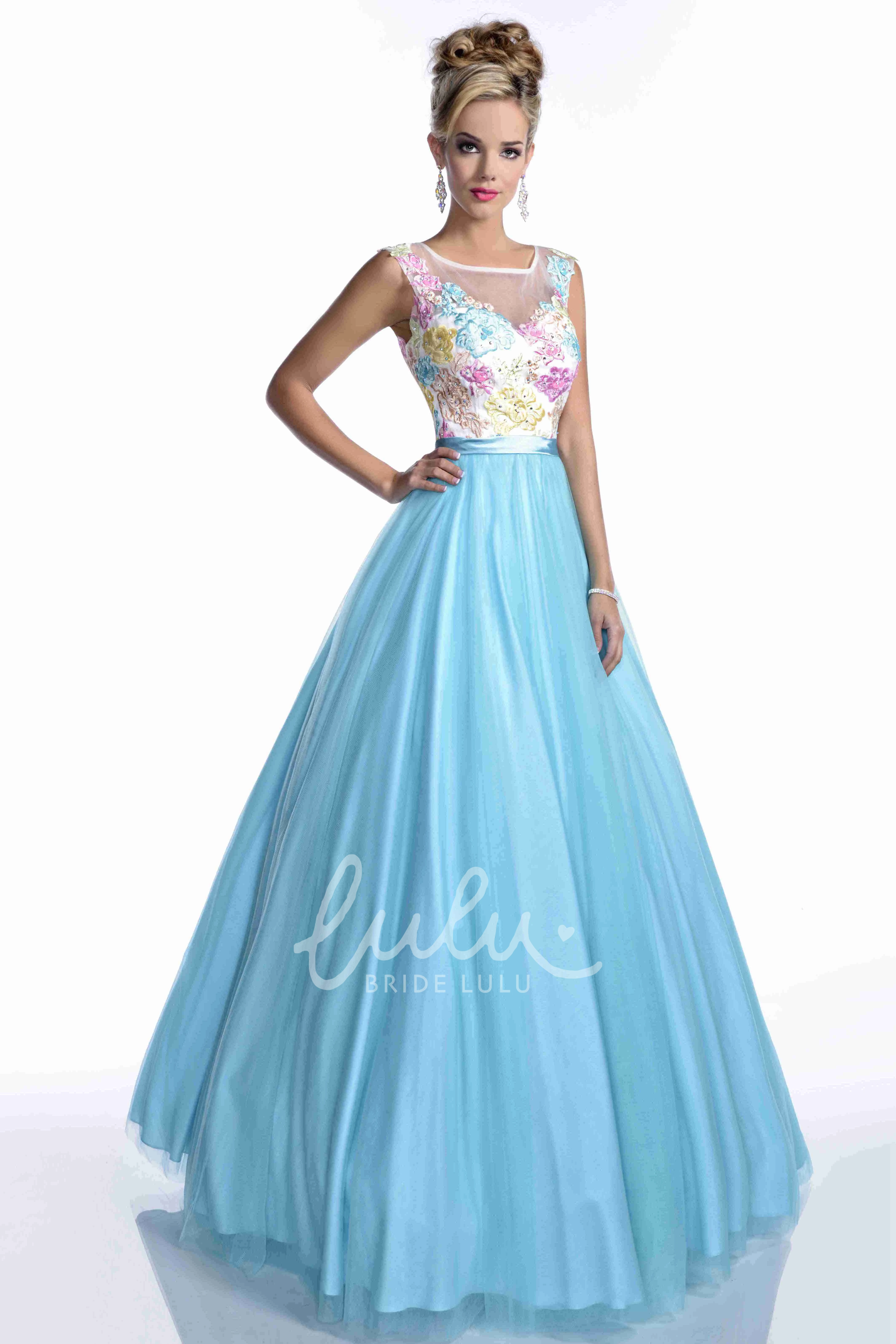 Long Tulle A-Line Prom Dress with Embroidered Bodice and Beadings Long Embroidered Beaded Prom Dress