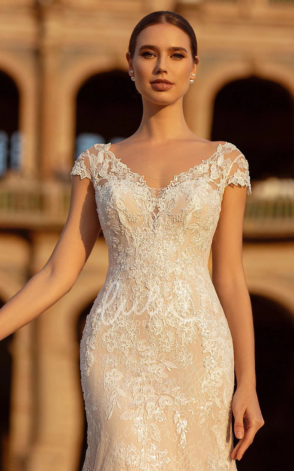 Elegant Lace V-neck Mermaid Short Sleeve Floor-length Wedding Dress With Zipper