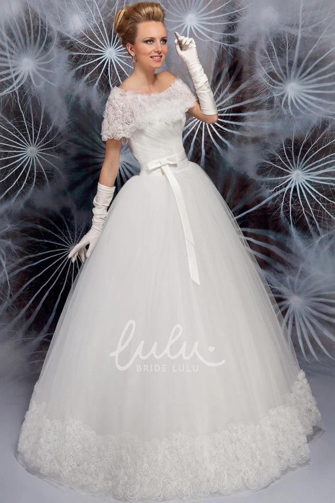 Cape Tulle Wedding Dress with Ruched Scoop Neckline and Flower Long