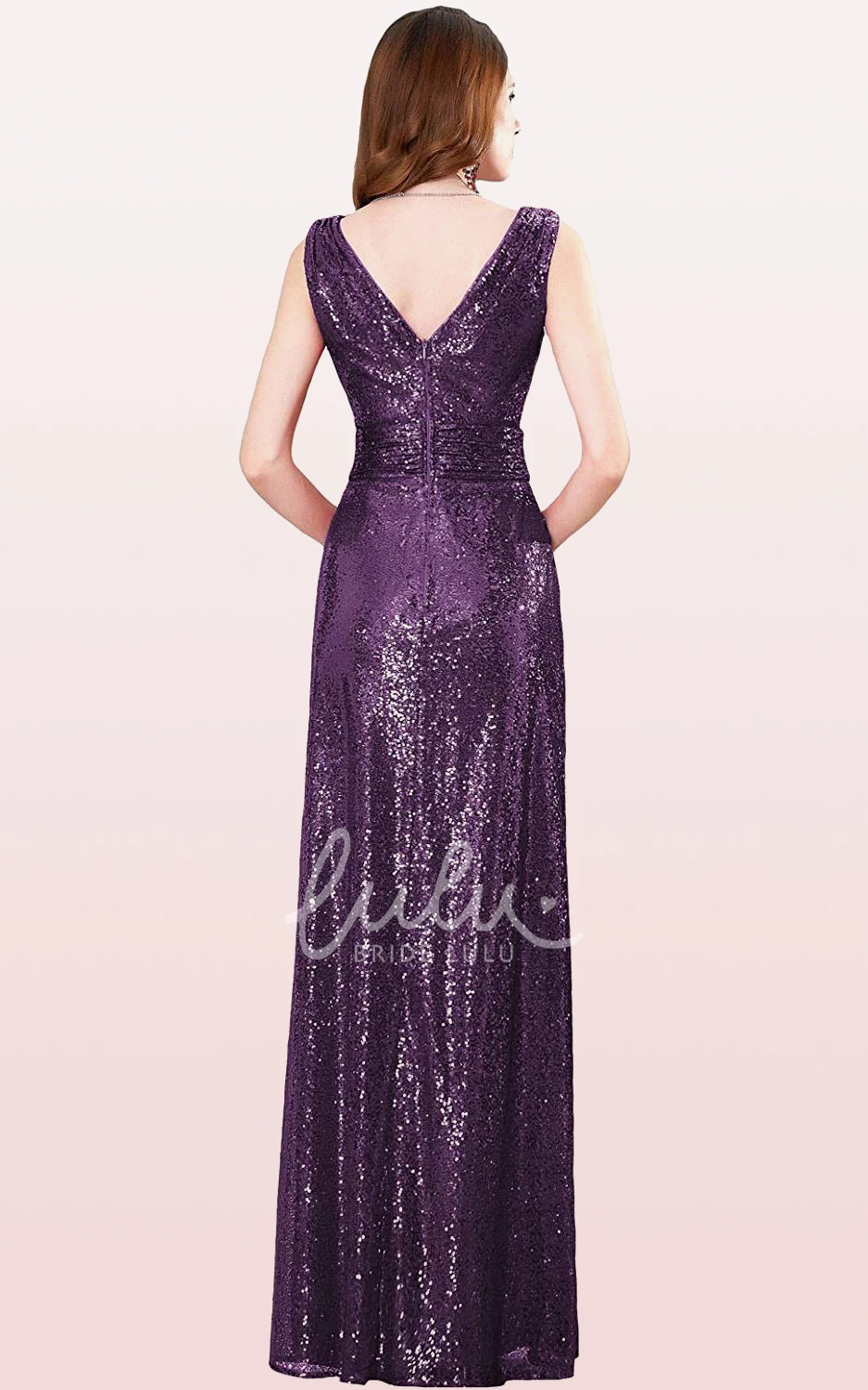 V-Neck A-Line Sequin Bridesmaid Dress with Ruching Floor-Length