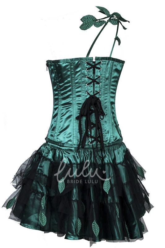 Green and Black One Shoulder Corset Dress with Leaves Appliques Wedding Dress