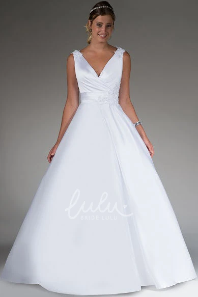 Satin Appliqued V Neck Wedding Dress Ball Gown