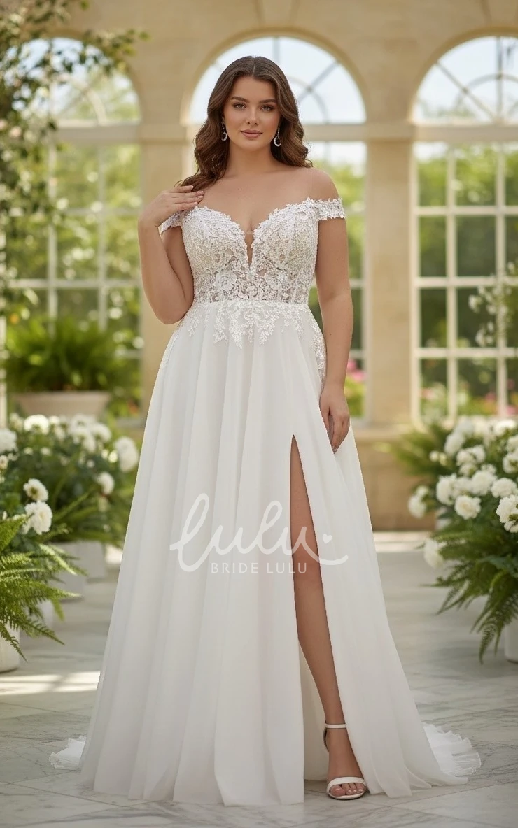 A-Line Plus Size Lace Wedding Dress Off-the-Shoulder Slit Sexy Bridal Gown
