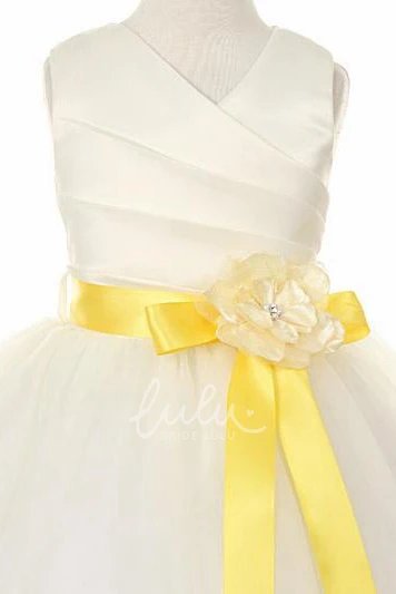 Ankle-Length Tiered Satin Flower Girl Dress with V-Neck