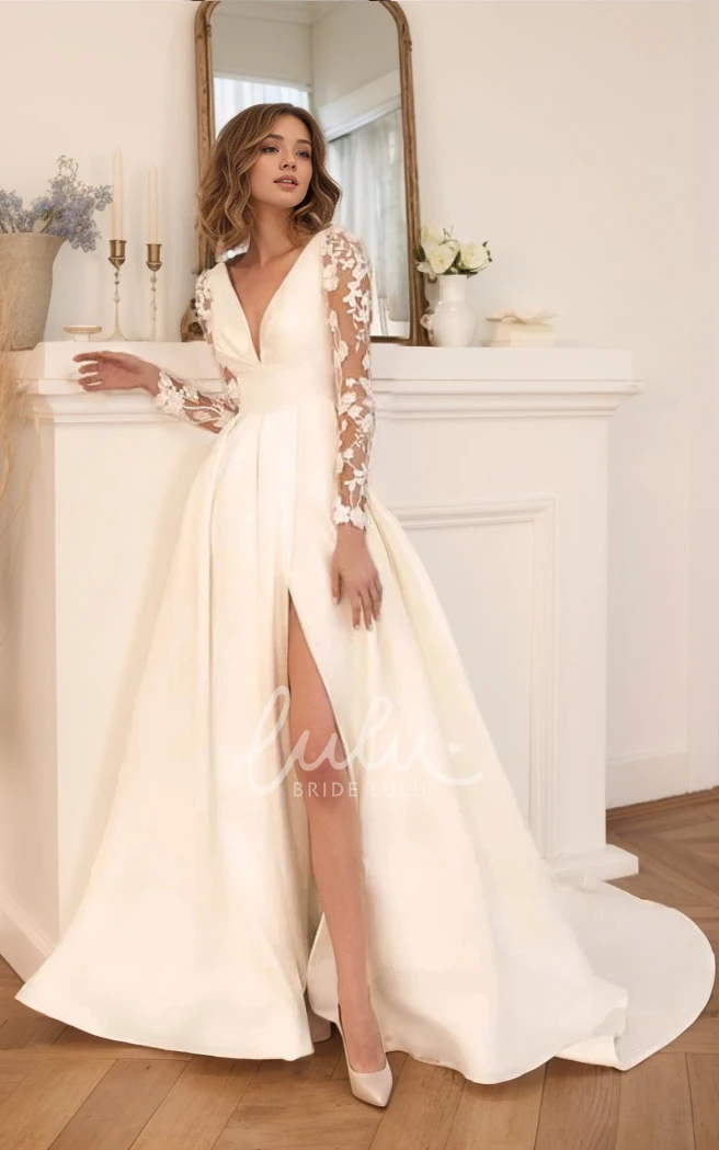 Romantic A-Line V-neck Satin Lace Long Sleeve Wedding Dress ModernV Back Bridal Gown with Train