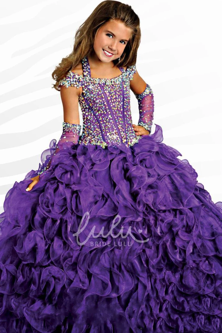 Halter Ball Gown Flower Girl Dress with Illusion Sleeves and Beading
