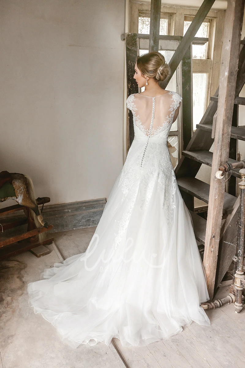 Cap-Sleeve Tulle & Lace Bateau Wedding Dress Maxi Bridal Gown