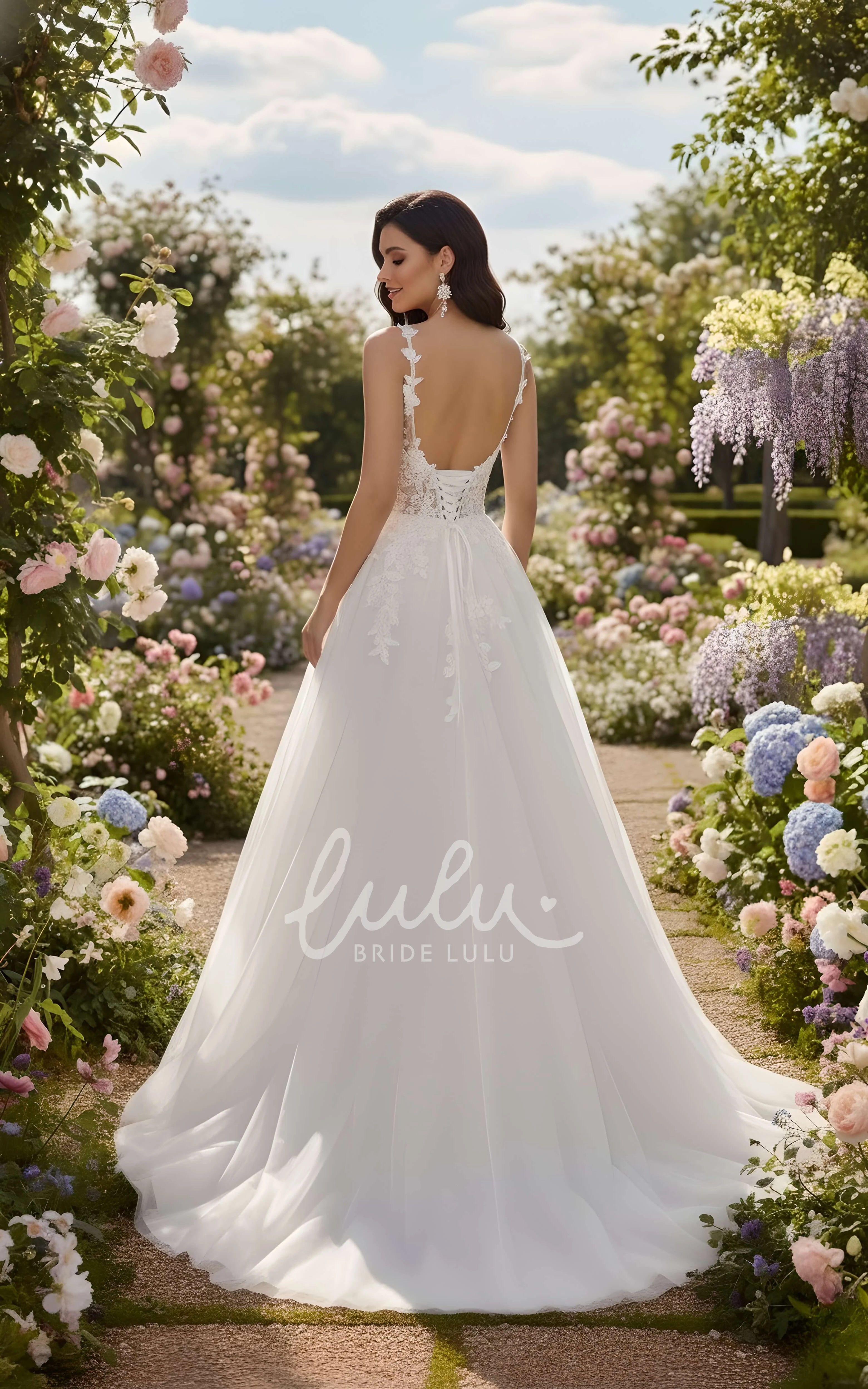 Elegant Floral Lace Spaghetti A-Line Wedding Dress Deep V-Neck Chiffon Garden Bridal Gown