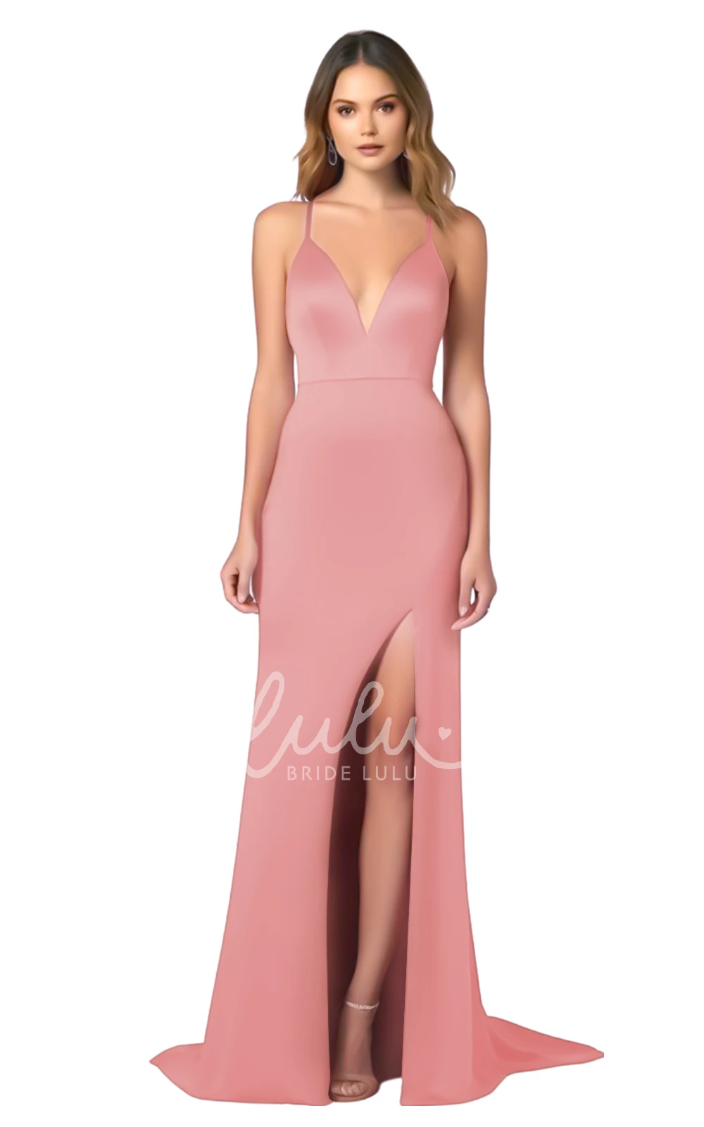 Modern Satin A-Line Spaghetti V-neck Bridesmaid Dress with Front Split Elegant Wedding Dress