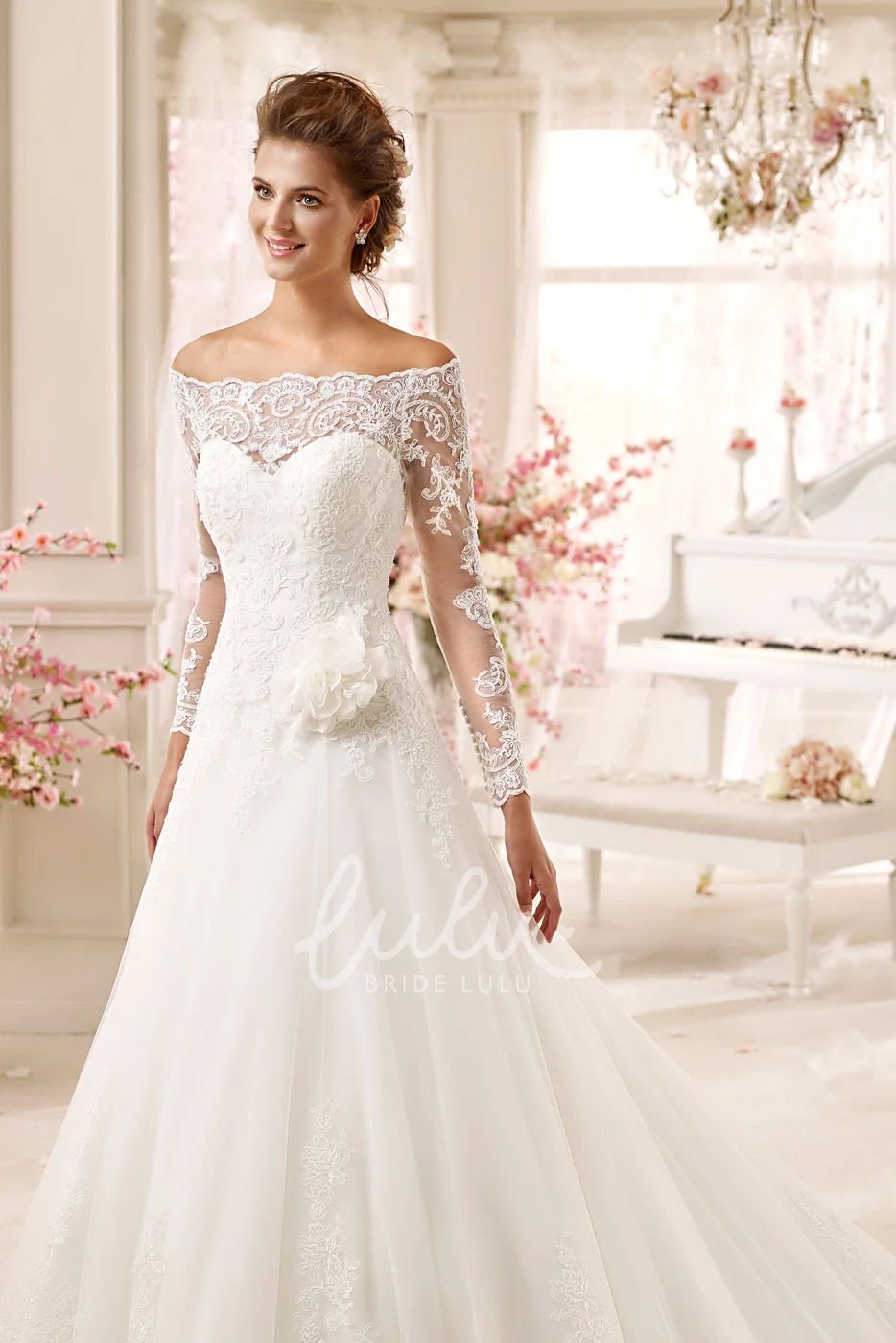 A-line Dress with Off-shoulder and Long Sleeves Adorned with Flowers Classy and Romantic