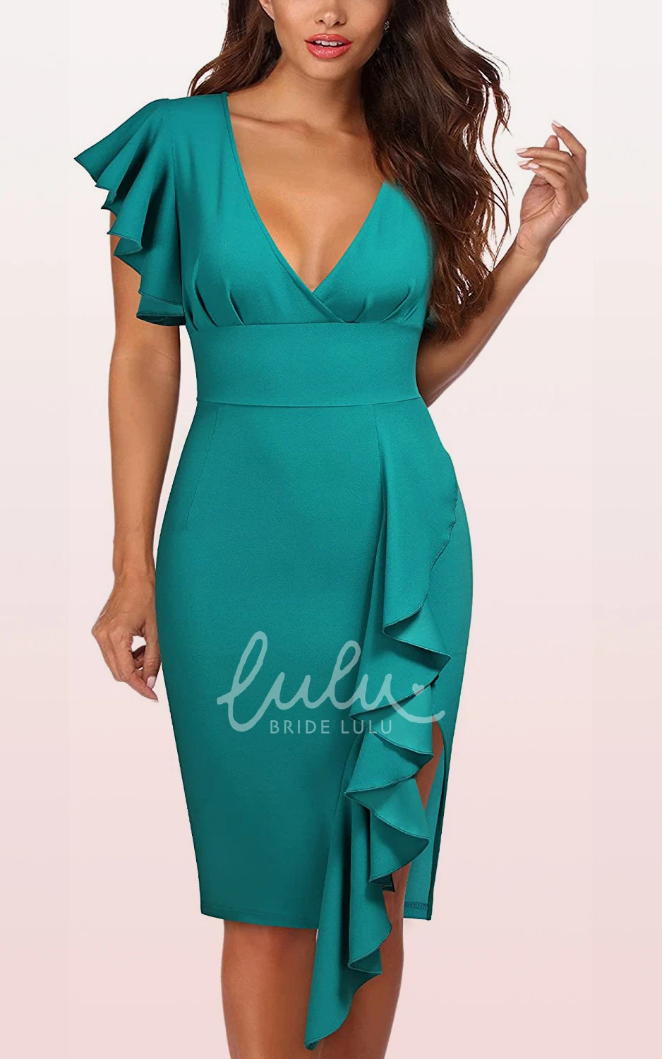 Short Sleeve Taffeta Ruffle Pencil Formal Dress with Modern Zipper