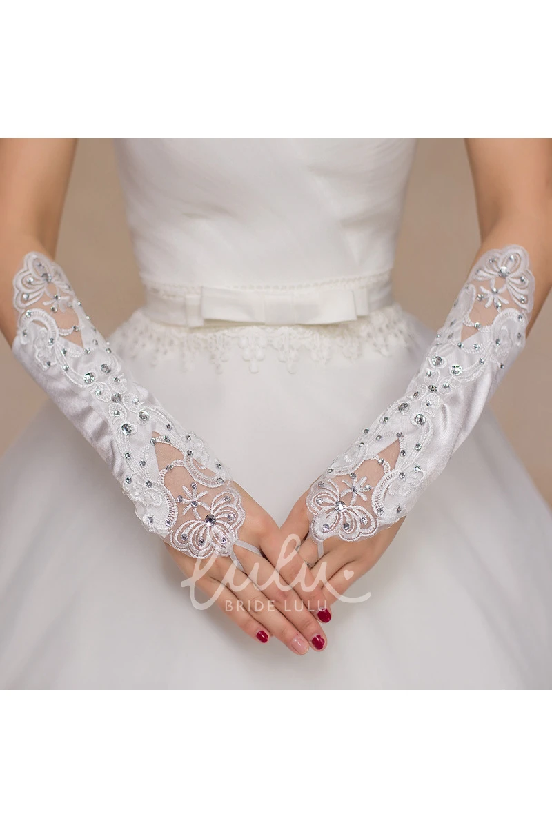 Elegant Satin Mesh Embroidered Wedding Dress Gloves Diamond Hollow