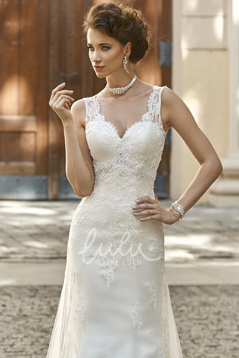 Sleeveless Sheath Lace&Satin Wedding Dress Floor-Length V-Neck