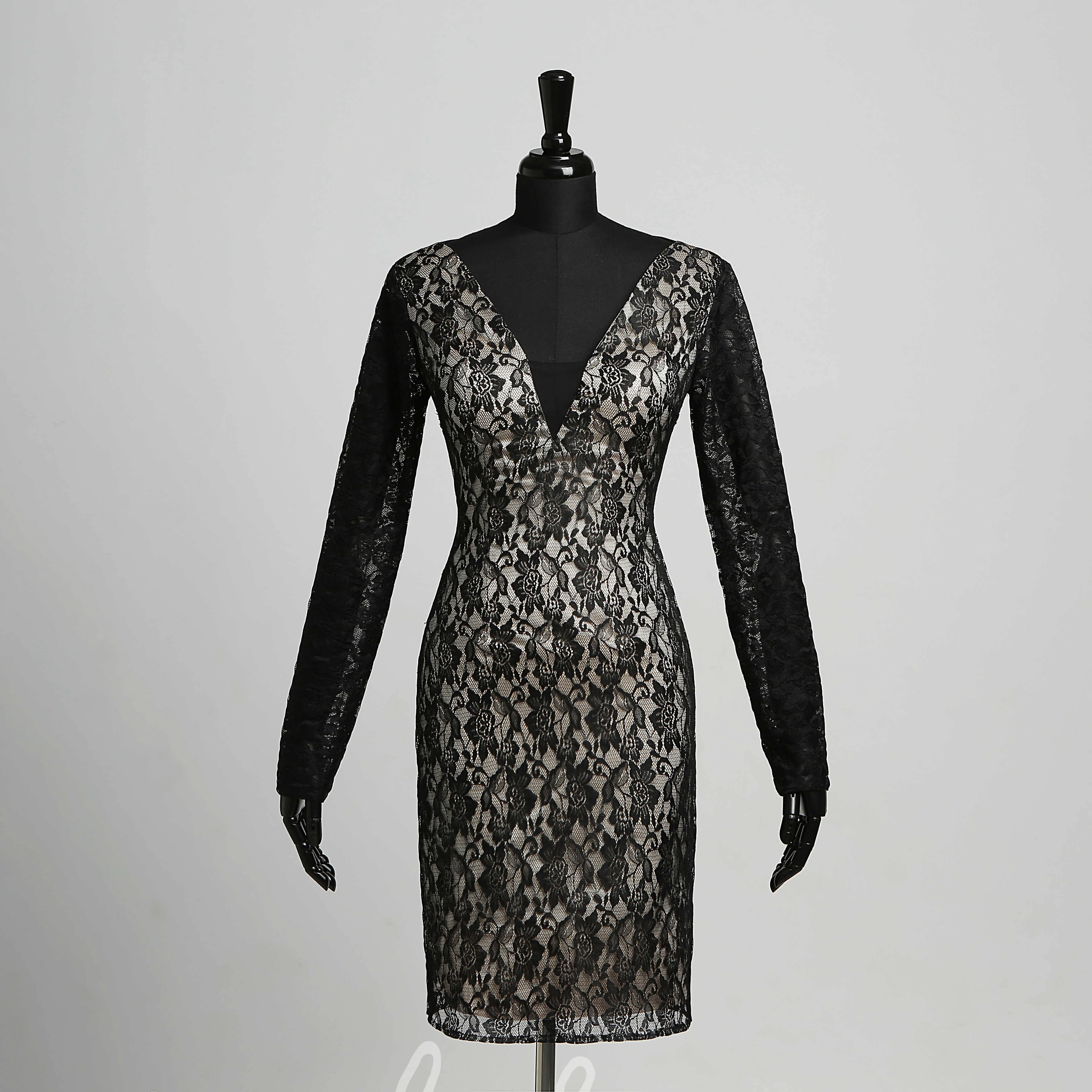 Sexy Lace Sheath Knee-length Dress with V-neck and Long Sleeves Unique Formal Dress