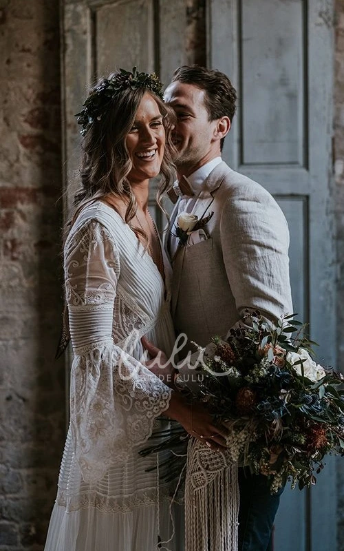 Bohemian Lace Illusion Sleeve Wedding Dress Beach/Country Sexy & Casual V-neck