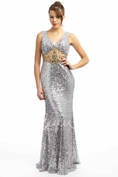 Trumpet Beaded V-Neck Sequins Prom Dress Sleeveless Long Style