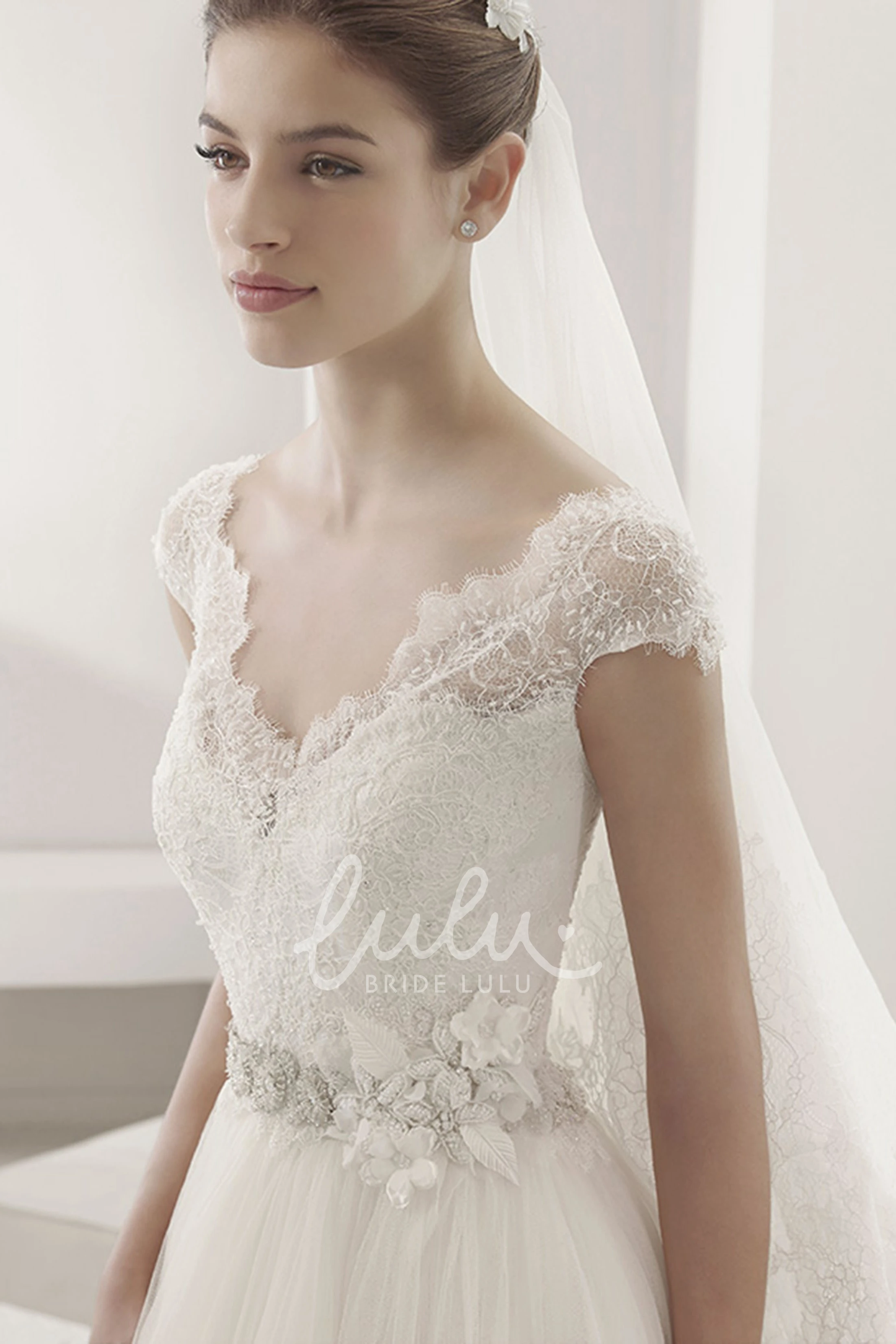 Cap Sleeve Tulle Ball Gown with Beading Floral Waist Chic Bridesmaid Dress