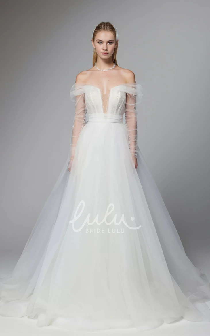 Off-the-shoulder A-Line Plunging V-Neck Tulle Wedding Dress Long Sleeve Floor-length Backless Button Back Bridal Gown