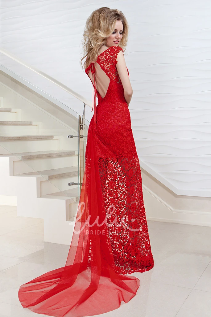 Lace Pencil Prom Dress with Cap-Sleeves V-Neck Keyhole Back and Watteau Train